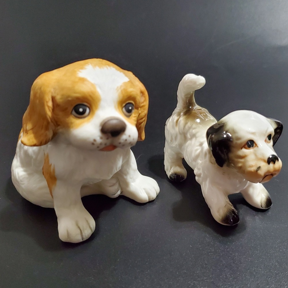 2 Vintage Dog Puppy Figurines Schaunzer Spaniel Lhasa Apso Cute Playful Kawaii
